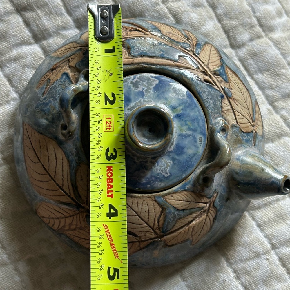 Blue and Brown Ceramic Art Teapot with Botanical Design - Picture 4 of 9